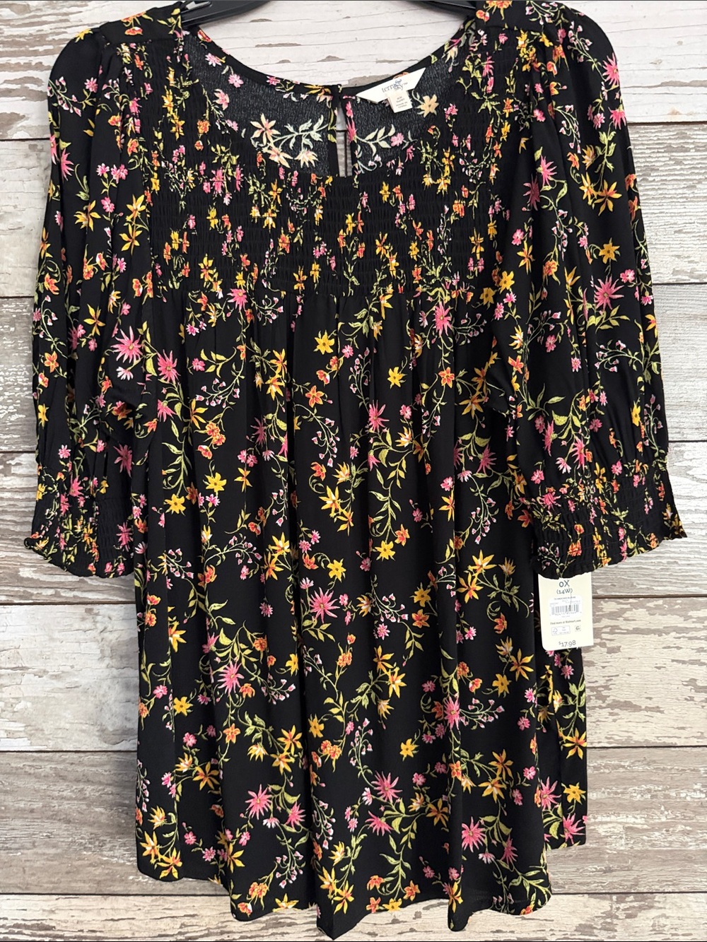 Terra & Sky Floral Smocked Peasant Top - Black with Flowers